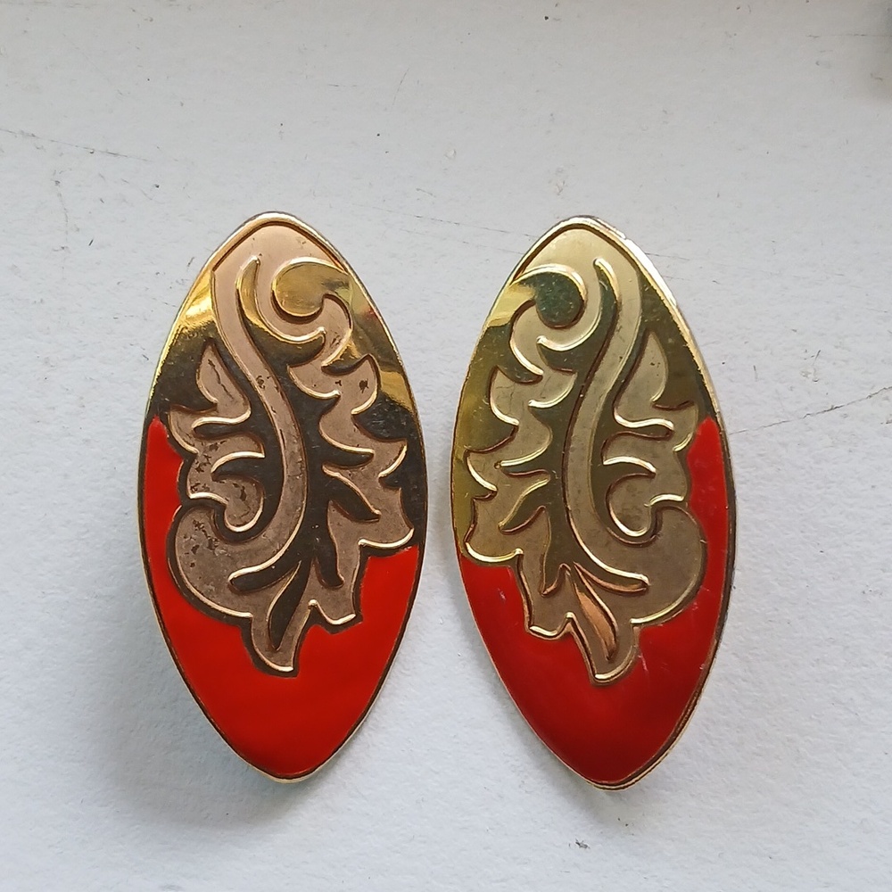 Large Gold Red Ornate Stamped Earrings 1 3/4",Lightweight RA Stamp